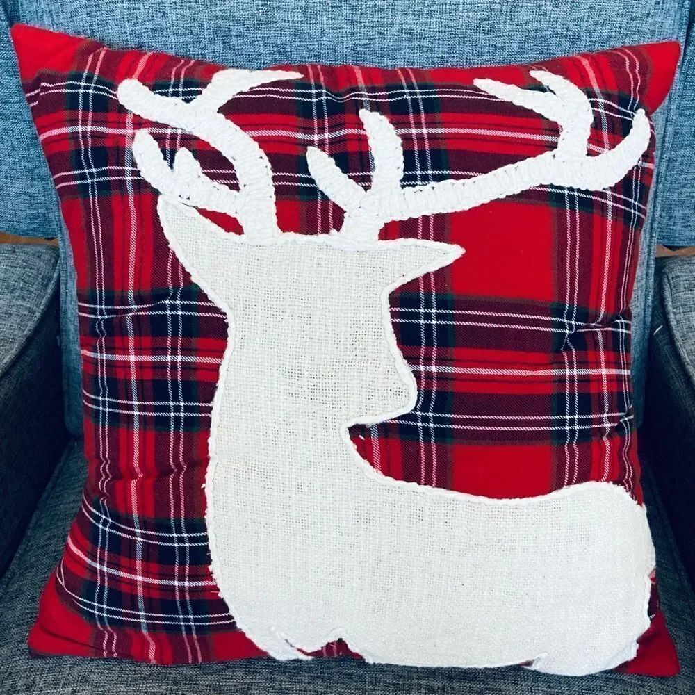 Farmhouse Plaid Deer Reindeer Holiday Throw Pillow